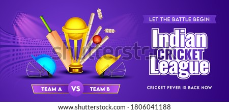 Indian Cricket League Header or Banner of Participate Team A & B with Realistic Cricket Equipment and Golden Trophy Cup on Purple Stadium Background.