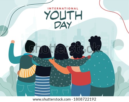 Back View of Teenage Friends Standing Together on Light Turquoise Building Background for International Youth Day.