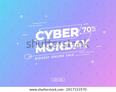 Cyber Monday Biggest Online Sale Poster Design with 70% Discount Offer on Blue and Pink Gradient Background.