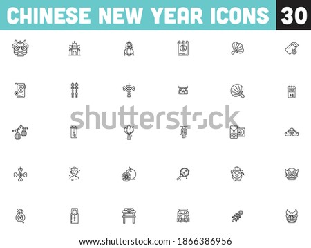Illustration of Chinese New Year Icon Set in Black Outline.
