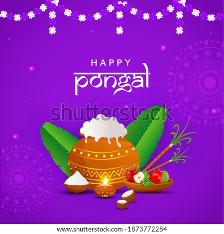 Happy Pongal Celebration Poster Design With Traditional Dish In Mud Pot, Fruits, Banana Leaves, Sugarcane On Purple Background.