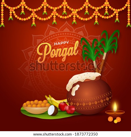 Happy Pongal Concept With Traditional Dish In Mud Pot, Fruit, Sweet (Laddu) Bowl, Sugarcane And Floral Garland (Toran) On Red Background.