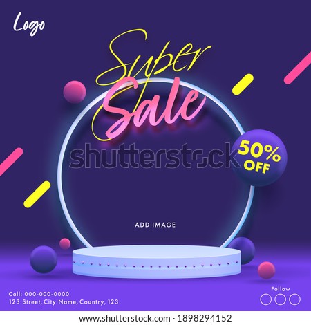 Super Sale Poster Design With 50% Discount Offer On Purple Background.