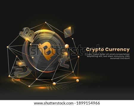 Crypto Currency Concept Based Poster Design In Black And Golden Color.