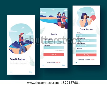 Mobile App UI, UX, GUI Set Of User Registration Travel and Explore Screen With Login And Password Input, Account Sign In, Sign Up, Home Page.