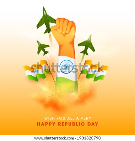 Happy Republic Day Concept With Hand Fist Up, Indian Flags, Fighter Jets On White And Yellow Background.