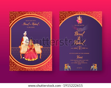 Front And Back View Of Indian Wedding Invitation Card With Hindu Couple Character In Traditional Dress.