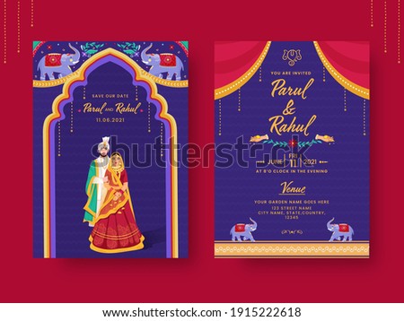 India Kitsch Style Wedding Invitation Card With Event Details In Front And Back View.