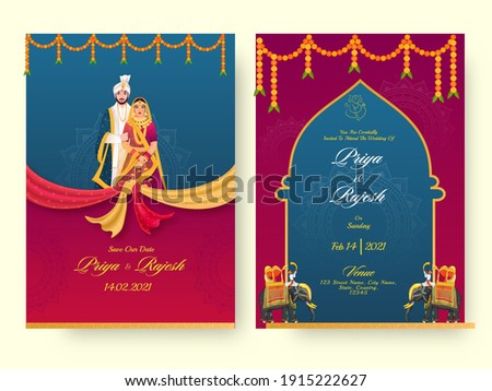 Indian Wedding Invitation Card Template Layout With Hindu Couple And Event Details. Foto stock © 