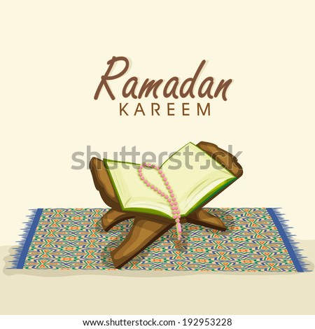 Open islamic holy book Quran Shareef with prayer beads on carpet and stylish text Ramadan Kareem.