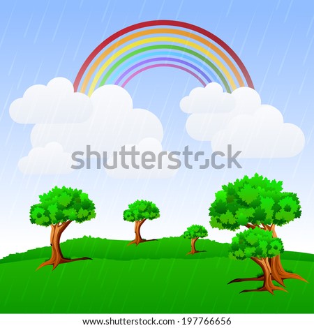 Beautiful view of a green landscape during raining with rainbow, clouds and green trees.