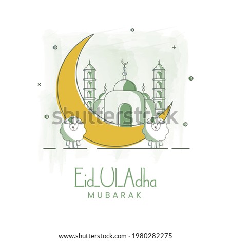 Doodle Style Illustration Of Crescent Moon With Mosque And Two Cartoon Sheep On White Background For Eid-Al-Adha Mubarak.