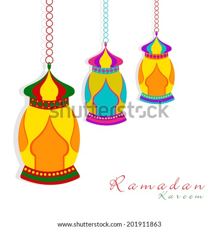 Colorful hanging lanterns on white background for the holy month of Muslim community Ramadan Kareem.