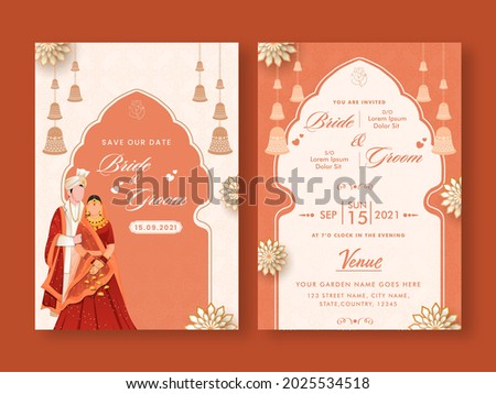 Wedding Invitation Template Layout With Indian Couple Image In White And Orange Color.
