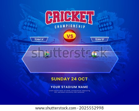 Cricket Championship Concept With Participating Team South Africa VS India On Blue Brush Stroke Stadium Background. 商業照片 © 