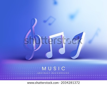 3D Rendering Music Notes With Light Effect On Blue Abstract Background.