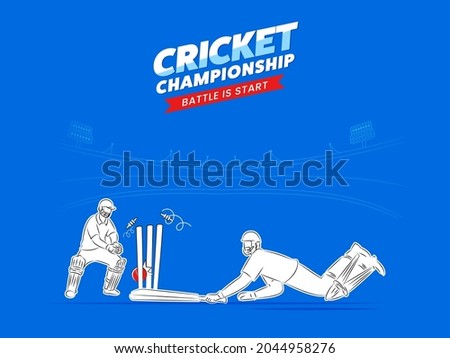 Concept Of Batsman Run Out With Wicket Keeper On Blue Stadium Background For Cricket Championship Battle Is Start.