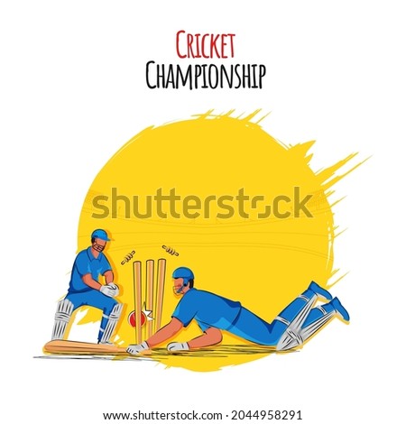 Cricket Championship Concept, Illustration Of Batsman Run Out Near Wicket Keeper Standing On Yellow And White Background.