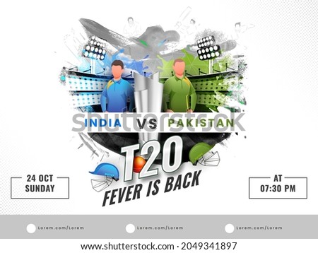 T20 Fever Is Back Concept With 3D Silver Trophy Cup, Participating Team India VS Pakistan Player On Abstract Stadium Background.