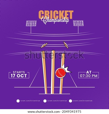 Cricket Championship Concept With Ball Hitting Wicket Stumps On Purple Stadium Background.