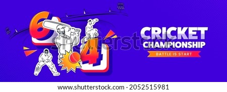 Sticker Style Cricket Players In Different Poses With 3D Four  Six Run On Blue Stadium Background For Championship Concept.