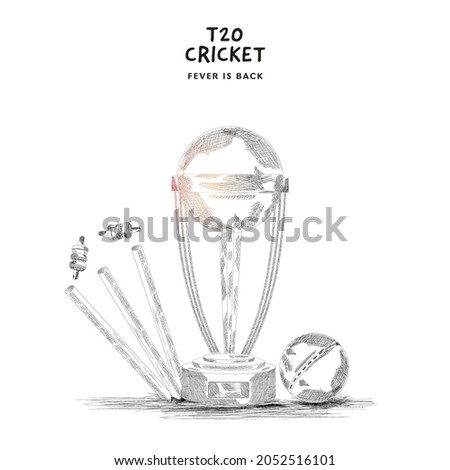 Doodle Style Trophy Cup With Ball, Wicket Stumps On White Background For T20 Cricket Concept.