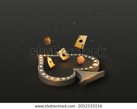 3D Marquee Casino Spade Frame With Golden Playing Cards, Dice And Particles On Black Background.