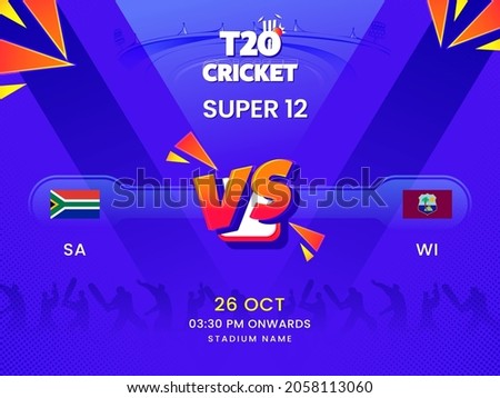 T20 Cricket Super 12 Match Between South Africa VS West Indies On Violet Silhouette Players Background.