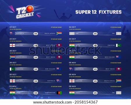 T20 Cricket Super 12 Fixtures Schedule Information On Blue Silhouette Players Background.