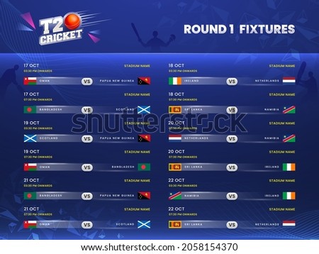 T20 Cricket Round 1 Fixtures Schedule On Blue Silhouette Players Background.