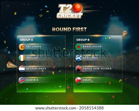 T20 Cricket Round First Group A VS B List On Blurred Confetti Stadium Background.