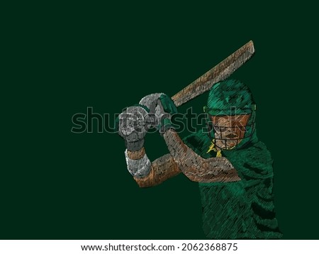 Pakistan Cricket Batter In Playing Pose With Line Pattern On Green Background.