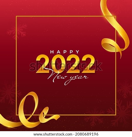 Golden 2022 Number With Shiny Curl Ribbons On Red Snowflake Background For Happy New Year Concept.