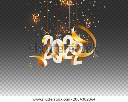 3D 2022 Number Hang With Golden Curl Ribbons, Stars Decorated On Black Png Background.
