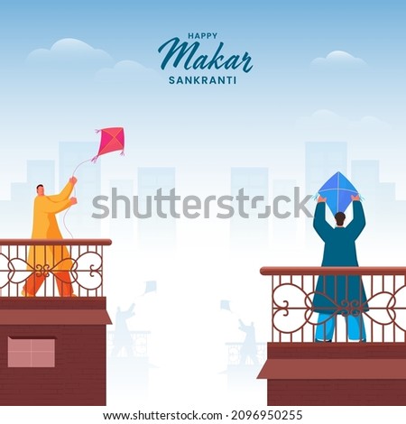 Happy Makar Sankranti Celebration Background With Cartoon Men Flying Kites On Their Roof.