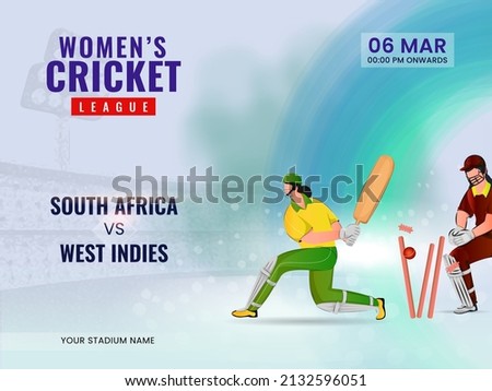 Women's Cricket Match Between South Africa VS West Indies And Cricketer Players In Action Pose.