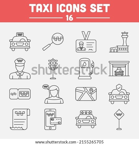 Black Line Art Set Of Taxi Icon In Flat Style.
