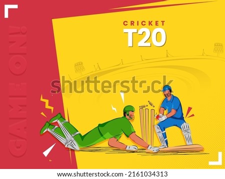 T20 World Cricket Match Game On! Font With Concept Of Run Out Batsman And Wicket Keeper Hitting Ball To Stump On Yellow And Red Playground.