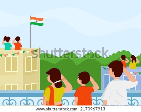 India National Festival Celebration Background With Indian People Saluting Flag At Their Roof Of Buildings.