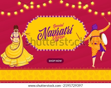 Special Navratri Offer Poster Design With Indian Woman Holding Dandiya Sticks, Drummer Man On Yellow And Red Background. Foto d'archivio © 