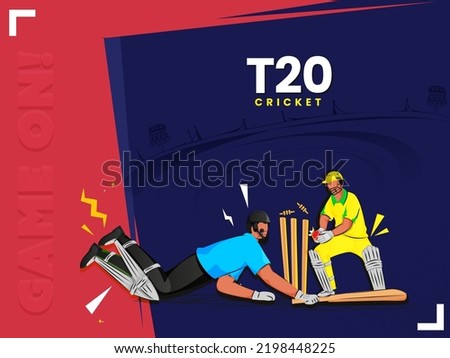 T20 Cricket Game On! With Concept Of Run Out Batsman, Wicket Kepper Hitting Ball On Red And Blue Background.