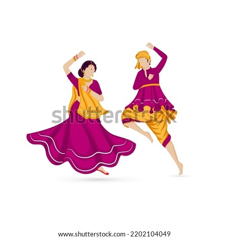 Faceless Indian Couple Playing Dandiya In Traditional Attire On White Background.