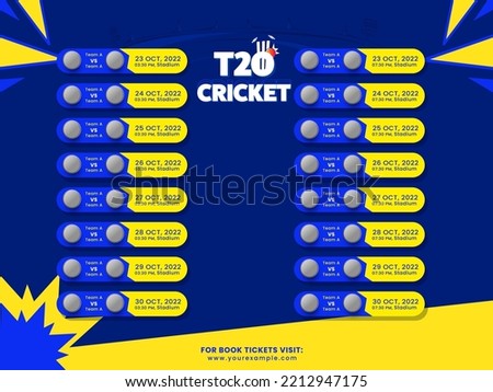 T20 Cricket Match Schedule List With 3D Silver Trophy Cup On Yellow And Blue Background.