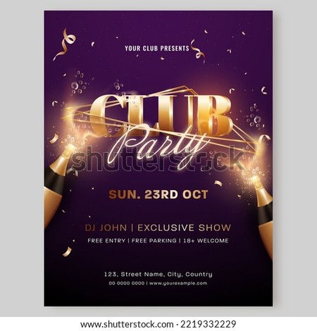 Club Party Invitation Card With Opening Champagne Bottles, Golden Confetti On Purple Background.