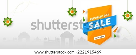 Republic Day Sale Banner Or Header Design With Tricolor Flowers Hang And Silhouette India Famous Monument On White Background.