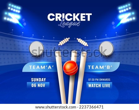 Cricket Match Between Team A VS B With Empty Round Badge Or Frame And Realistic Red Ball Hitting Wicket Stump On Blue Stadium Background.