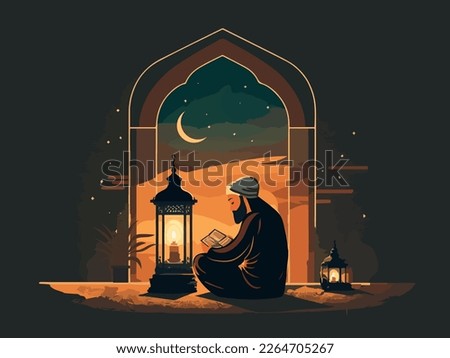 Muslim Man Character Reading Quran With Burning Lantern On Arabic Door In Crescent Moon Night. Islamic Festival Of Eid Or Ramadan Concept.