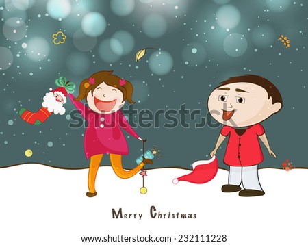 Cute little kids playing on winter night background for Merry Christmas celebrations.