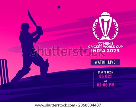 ICC Men's Cricket World Cup India 2023 Poster Design in Pink and Purple Color and Silhouette Batter Player Hitting The Ball.