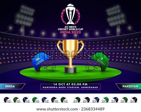 ICC Men's Cricket World Cup India 2023 Match Between India VS Pakistan with Realistic Attire Helmets Facing Each Other and Golden Champions Trophy Cup on Stadium.